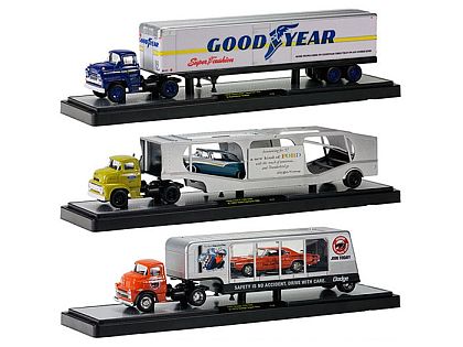 Chevy Truck & GOOD YEAR Box Trailer • Ford Truck & Car Carrier & 1957 Ford Fairlane 500 • Dodge Truck & Short Trailer & 1970 Dodge Super Bee